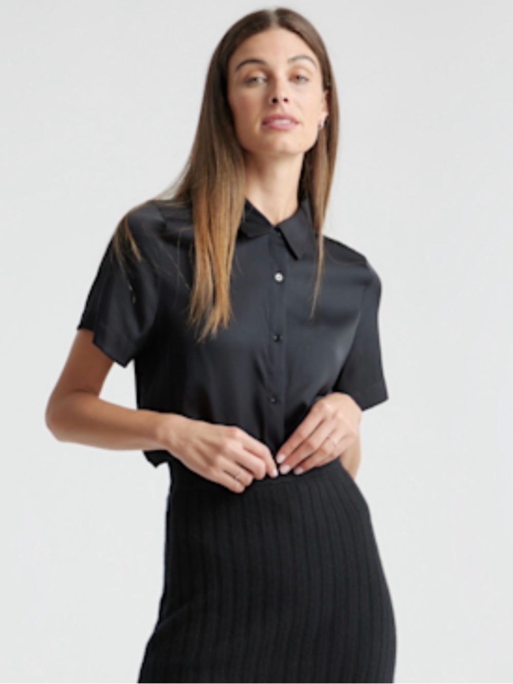 Quince Washable Stretch Silk Short Sleeve blouse XL black